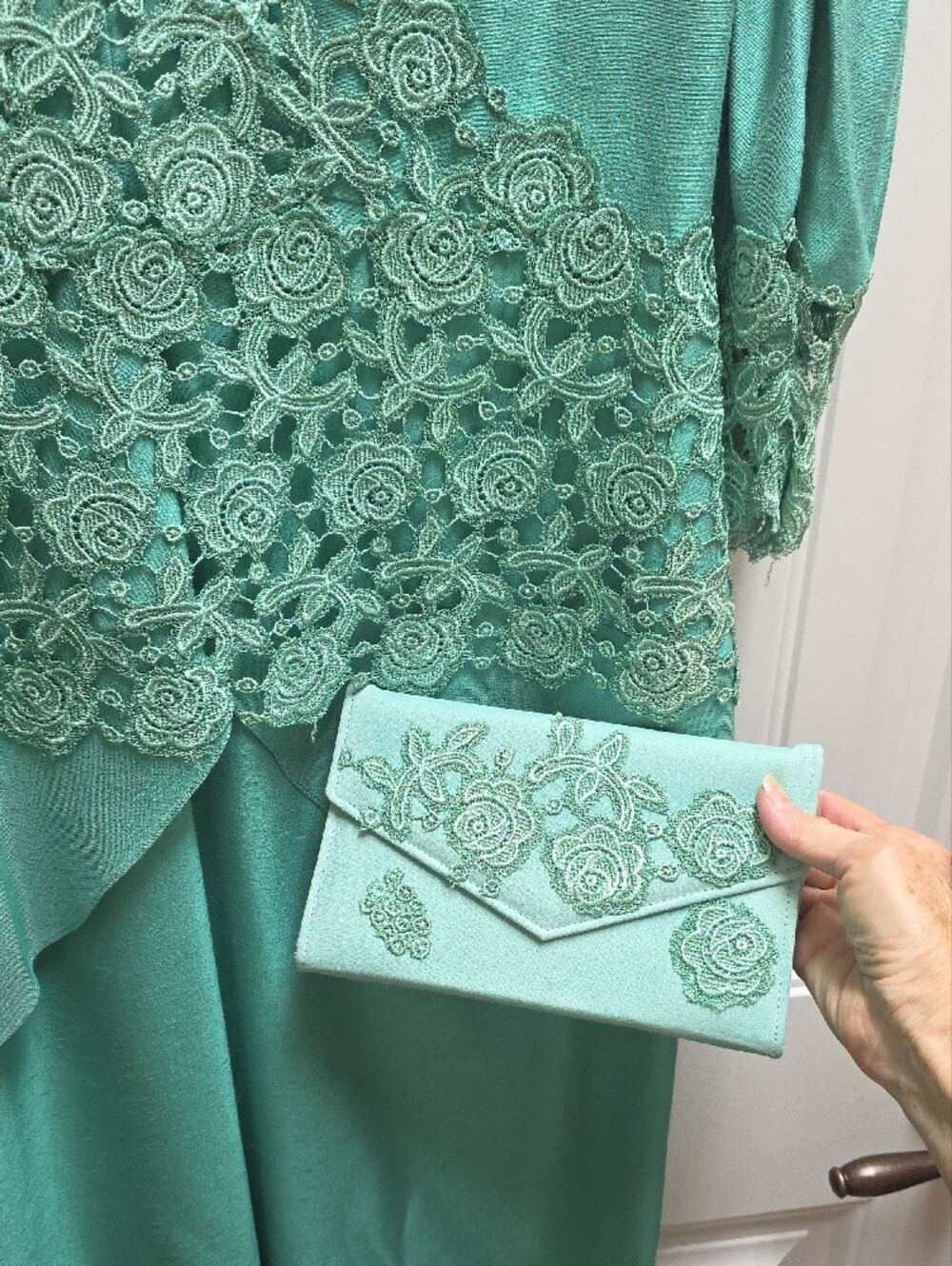 Capriccio Elegant Mint Green Maxi Dress with Lace Appliqué And Matching Purse 14